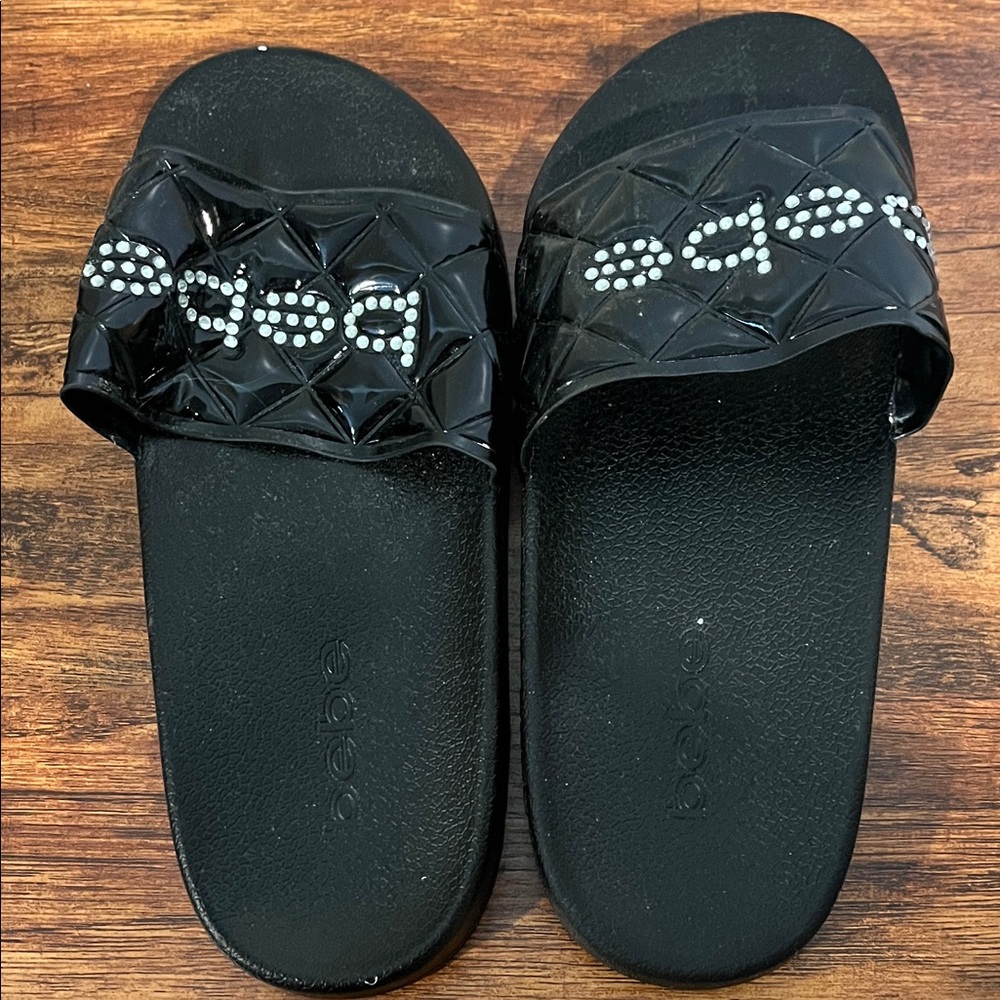 Bebe Black Slides with Embellished Logo